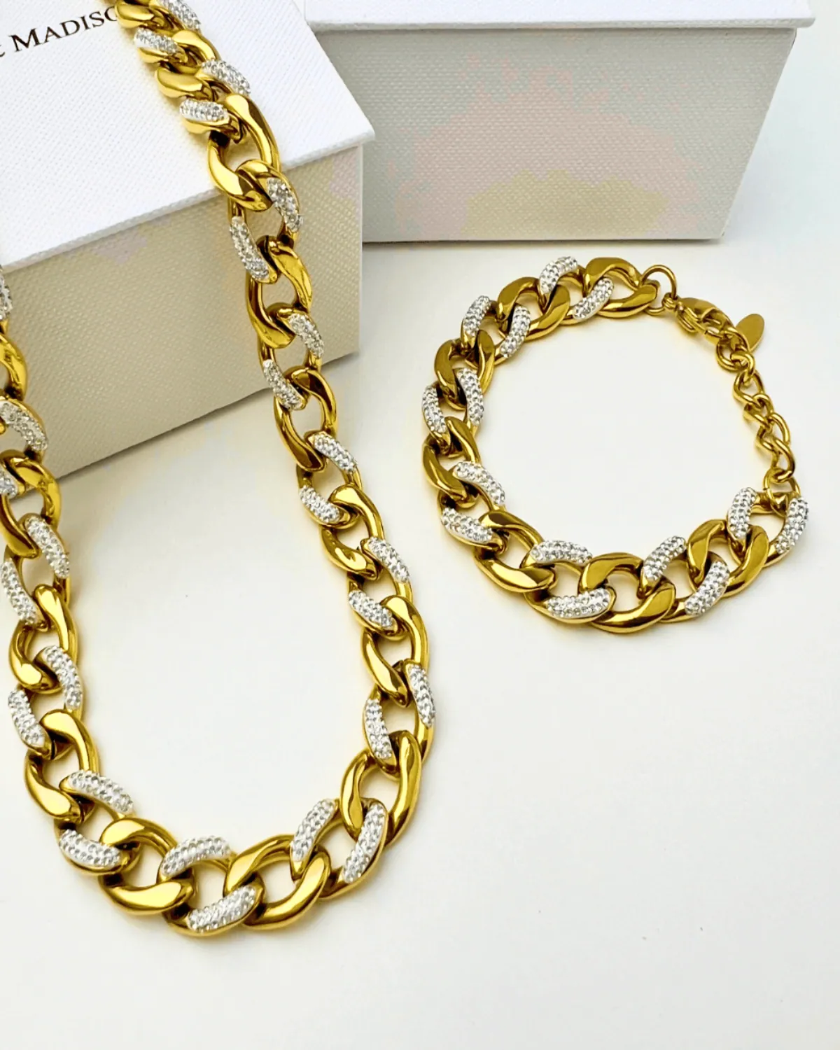 18K Diamond Gold Chunky Chain Necklace Bracelet Bundle Set