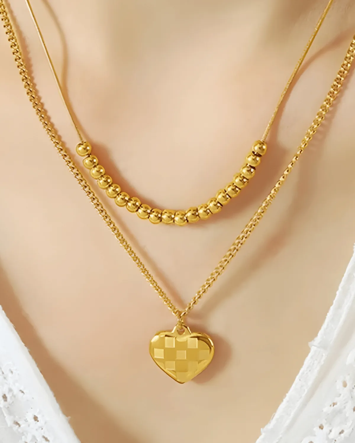 18K Gold Ball + Heart Pendant Necklace Stack Bundle