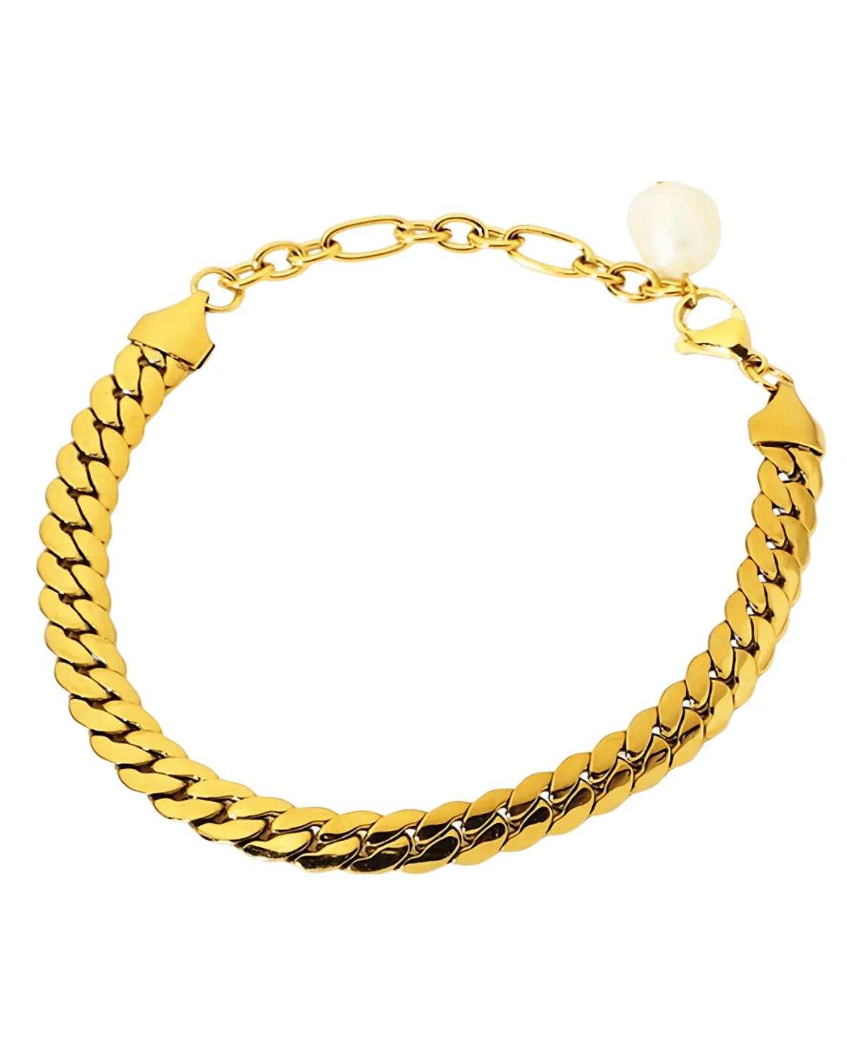 18K Gold Chain Bracelet with Pearl - Thick Curb