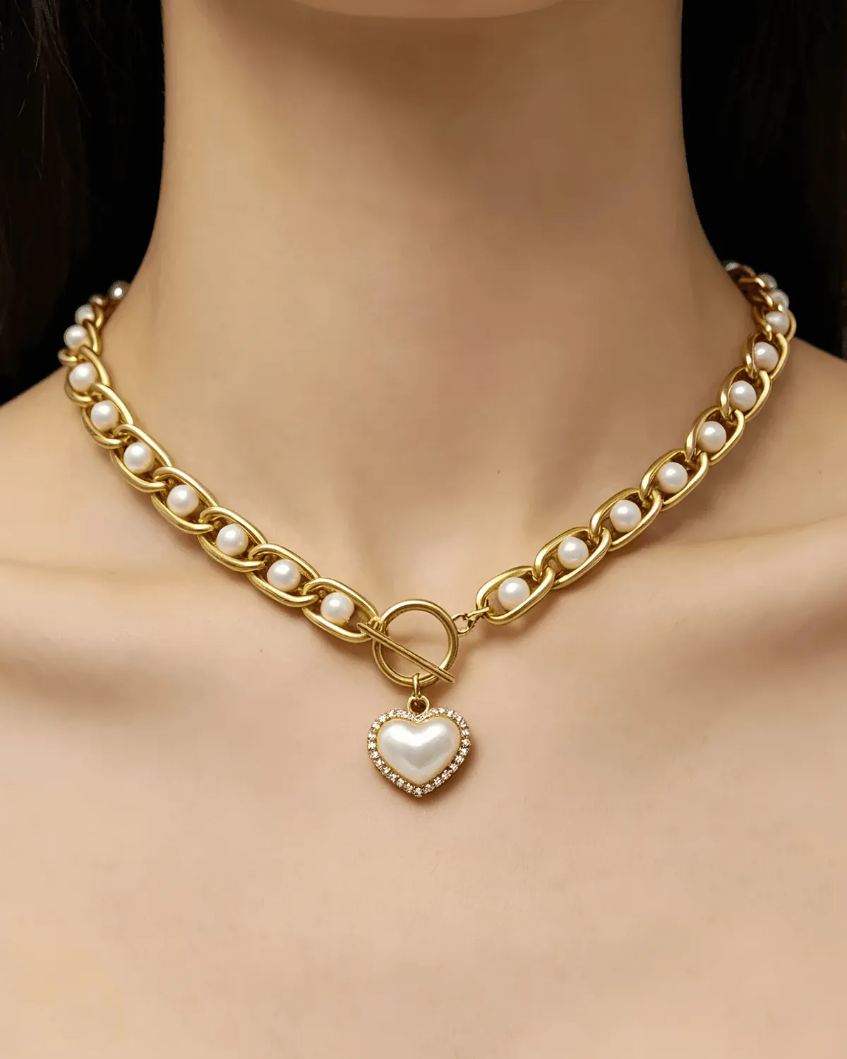 18K Gold Chunky Pearl Heart Pendant Necklace