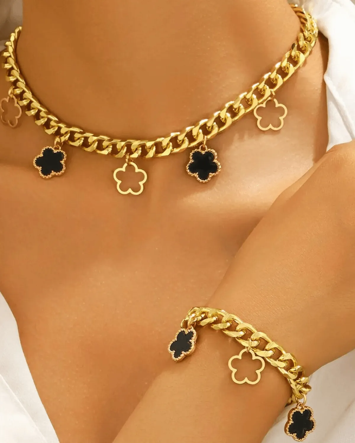 18K Gold Clover Charms Necklace Bracelet Bundle Set - MASON CHUNKY CHAIN™