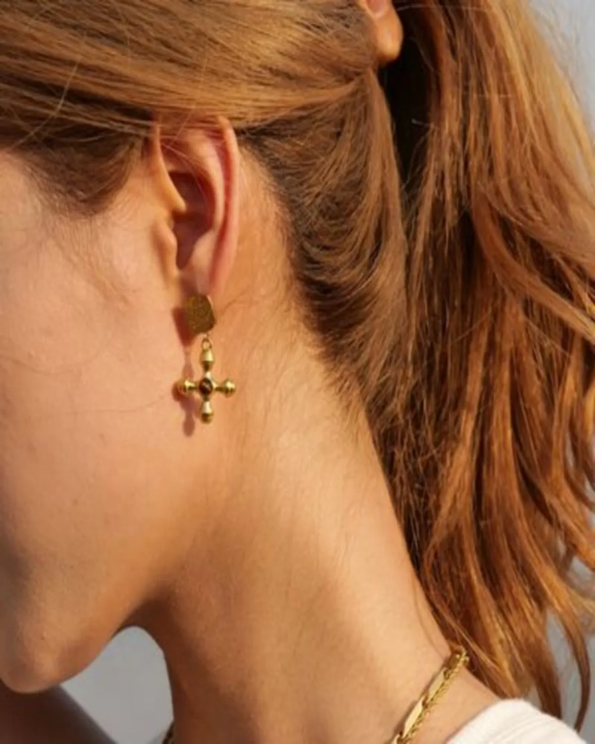 18K Gold Cross Drop Earrings