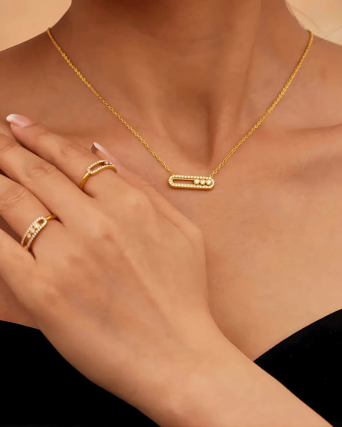 18K Gold Diamond Moving Bar Necklace Ring Bundle Set