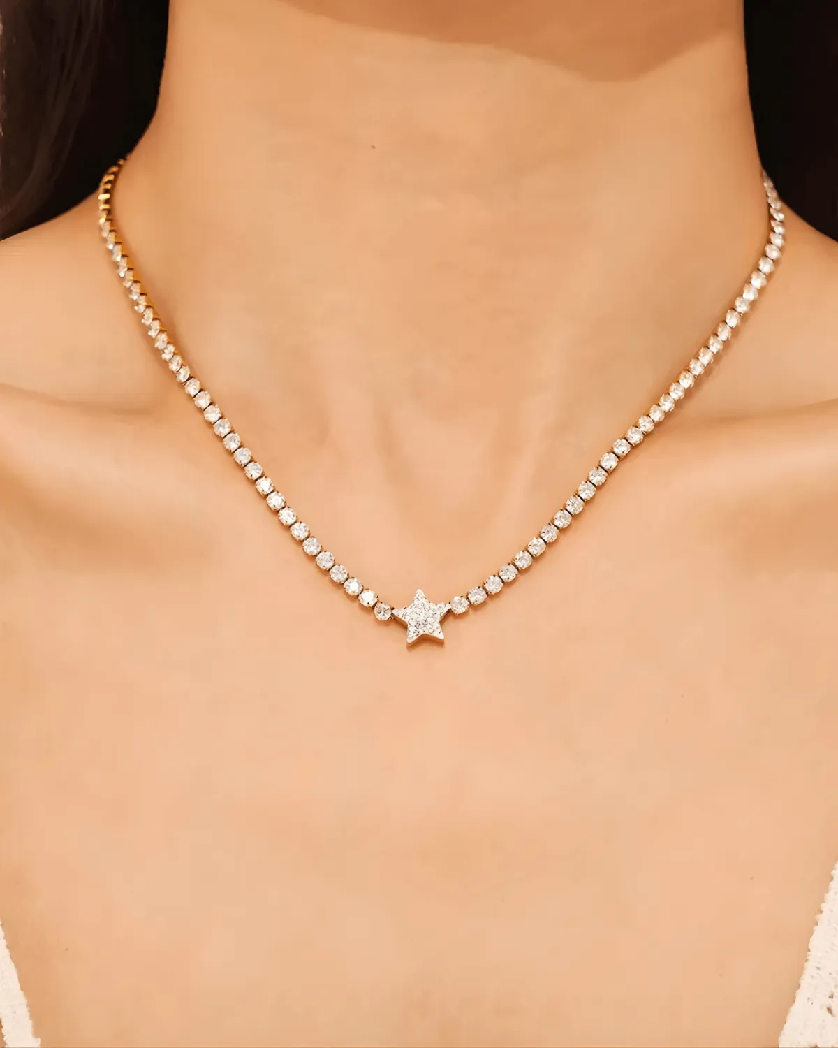 18K Gold Diamond Tennis Chain Necklace with Star Pendant