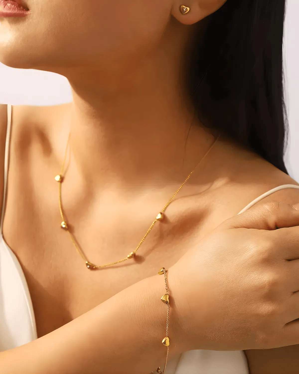 18K Gold Heart Chain Necklace Bracelet Earrings Bundle Set