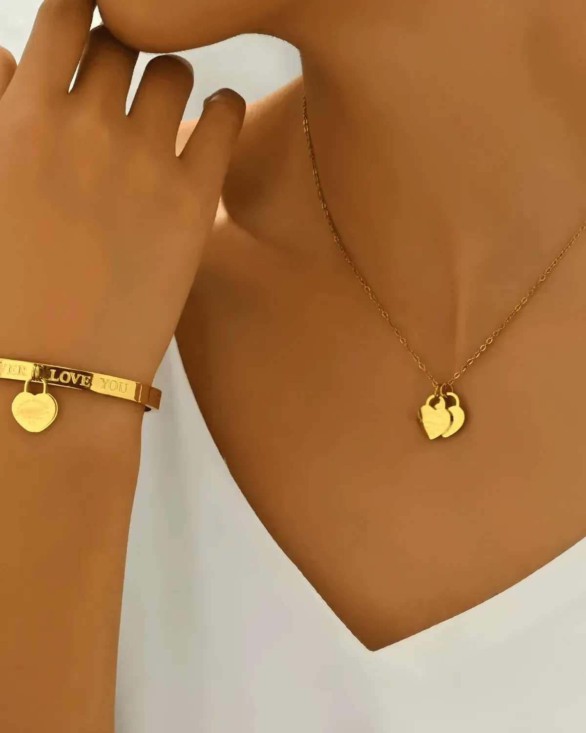 18K Gold Heart Necklace Bracelet Earrings Bundle Set - Double Love