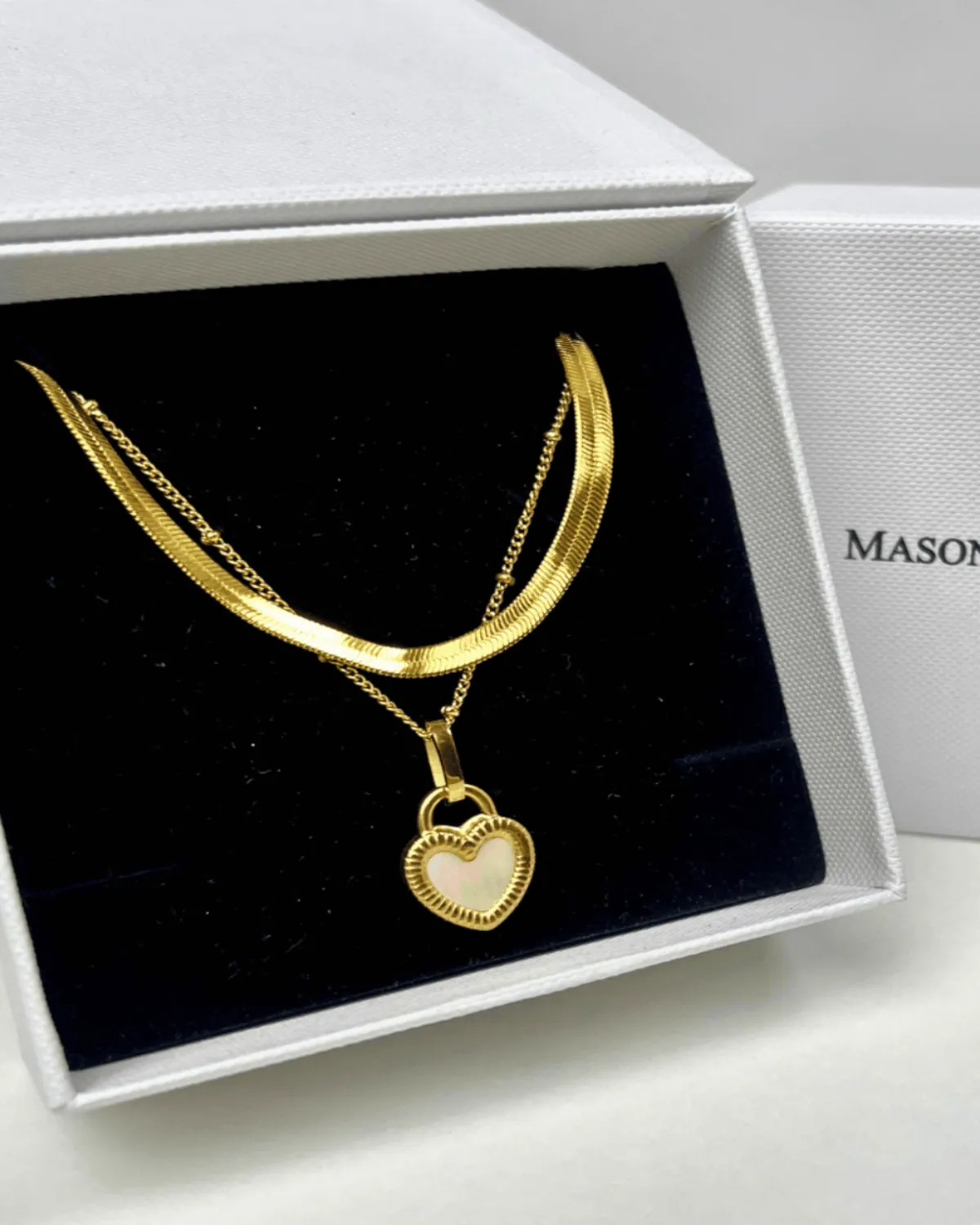 18K Gold Herringbone Chain + Heart Pearl Pendant Necklace Stack Bundle