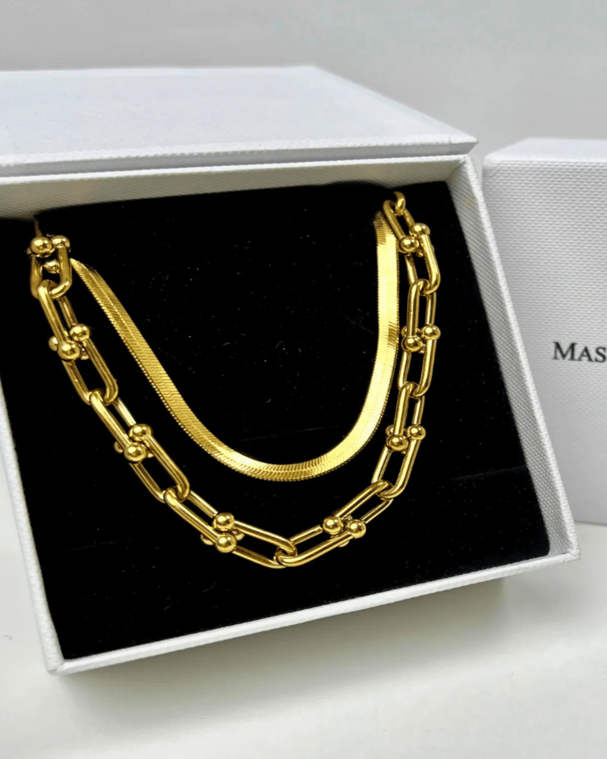 18K Gold Herringbone Chain + Link Chain Necklace Stack Bundle