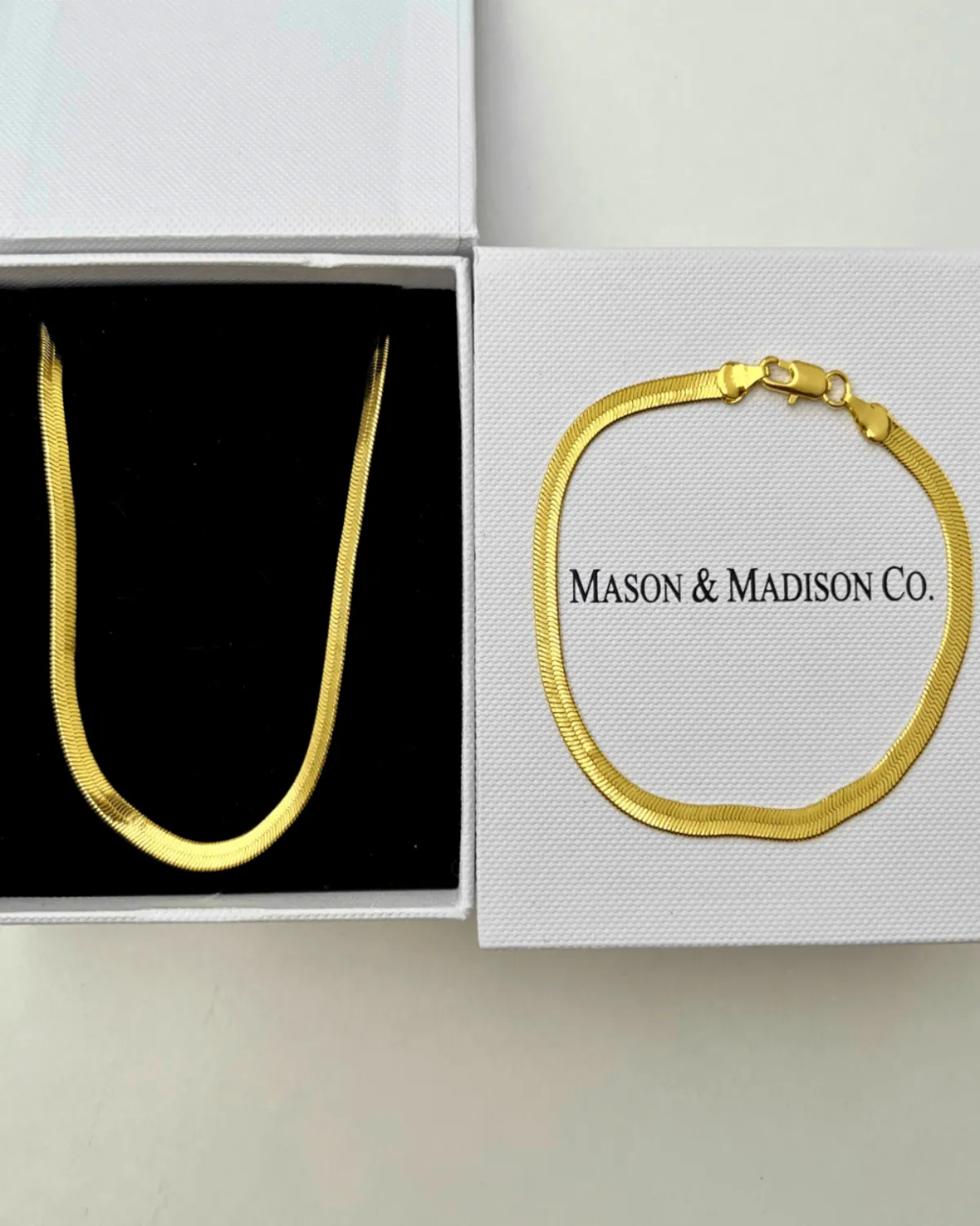 18K Gold Herringbone Chain Necklace Bracelet Bundle Set