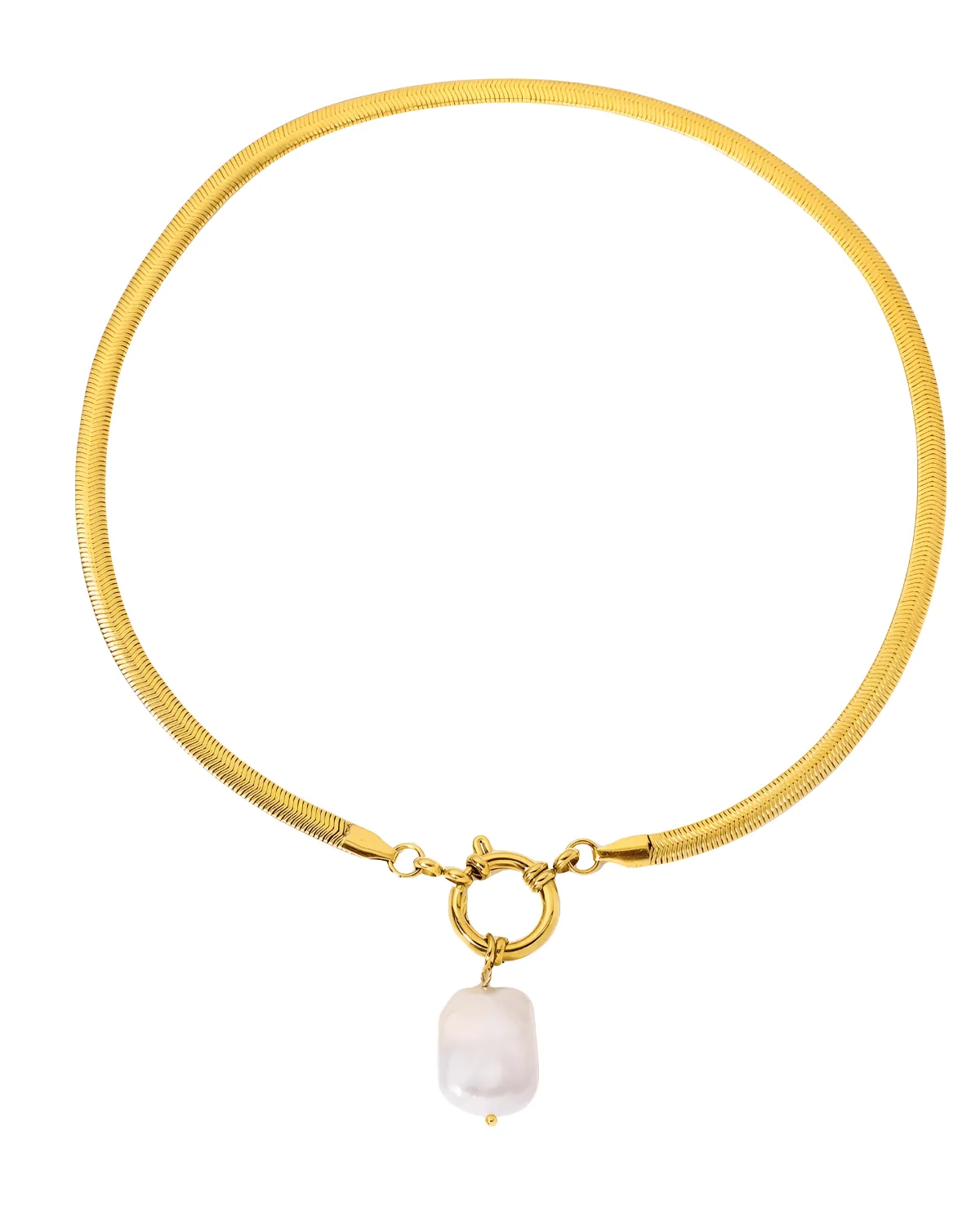18K Gold Herringbone Chain Necklace with Pearl Pendant