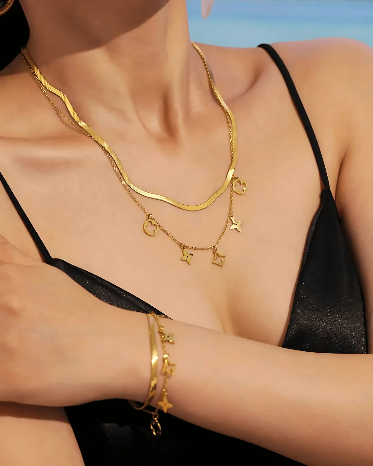 18K Gold Herringbone Snake Chain Layered Necklace Bracelet Bundle Set - Star