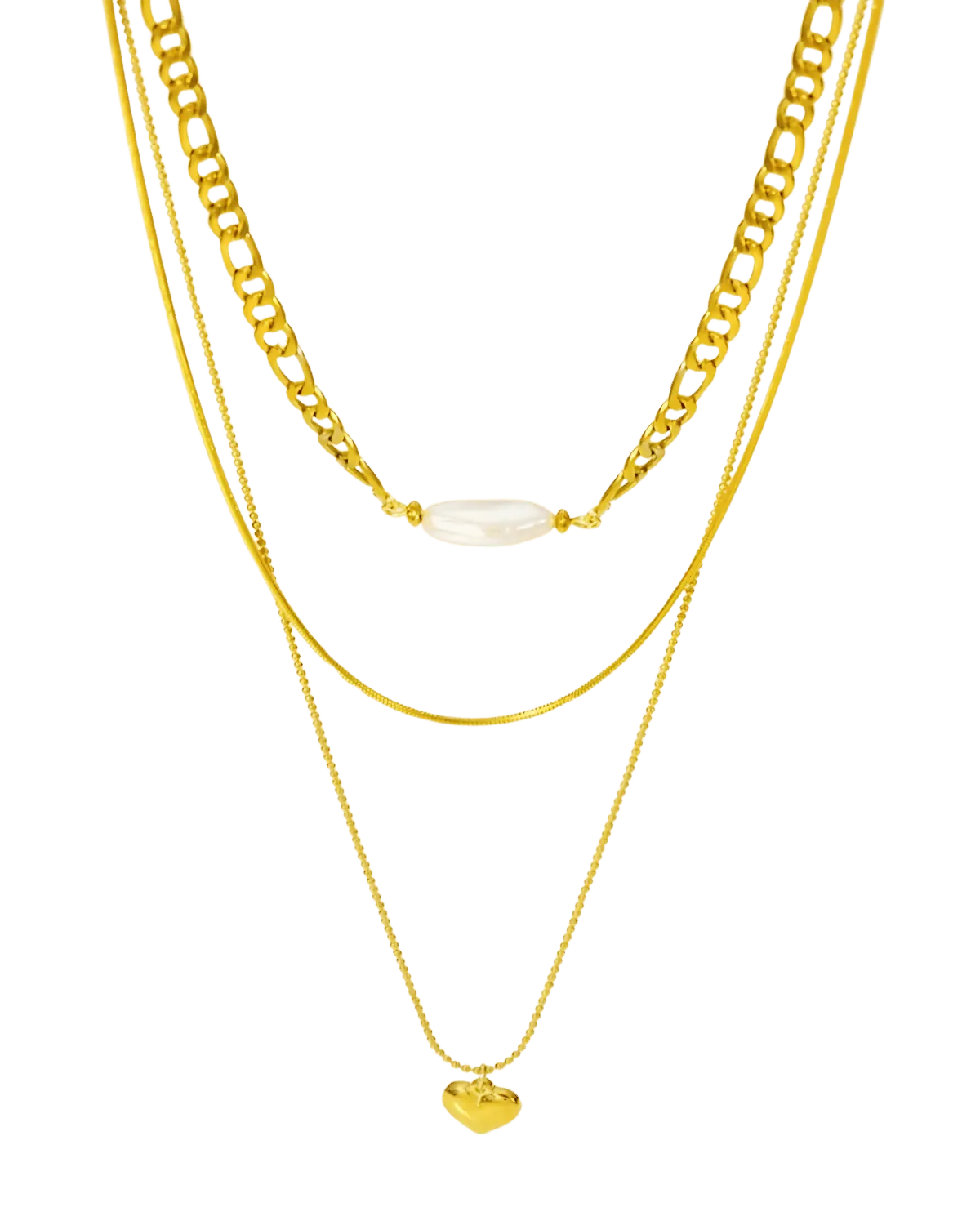 18K Gold Layered Necklace with Heart Pearl Pendant