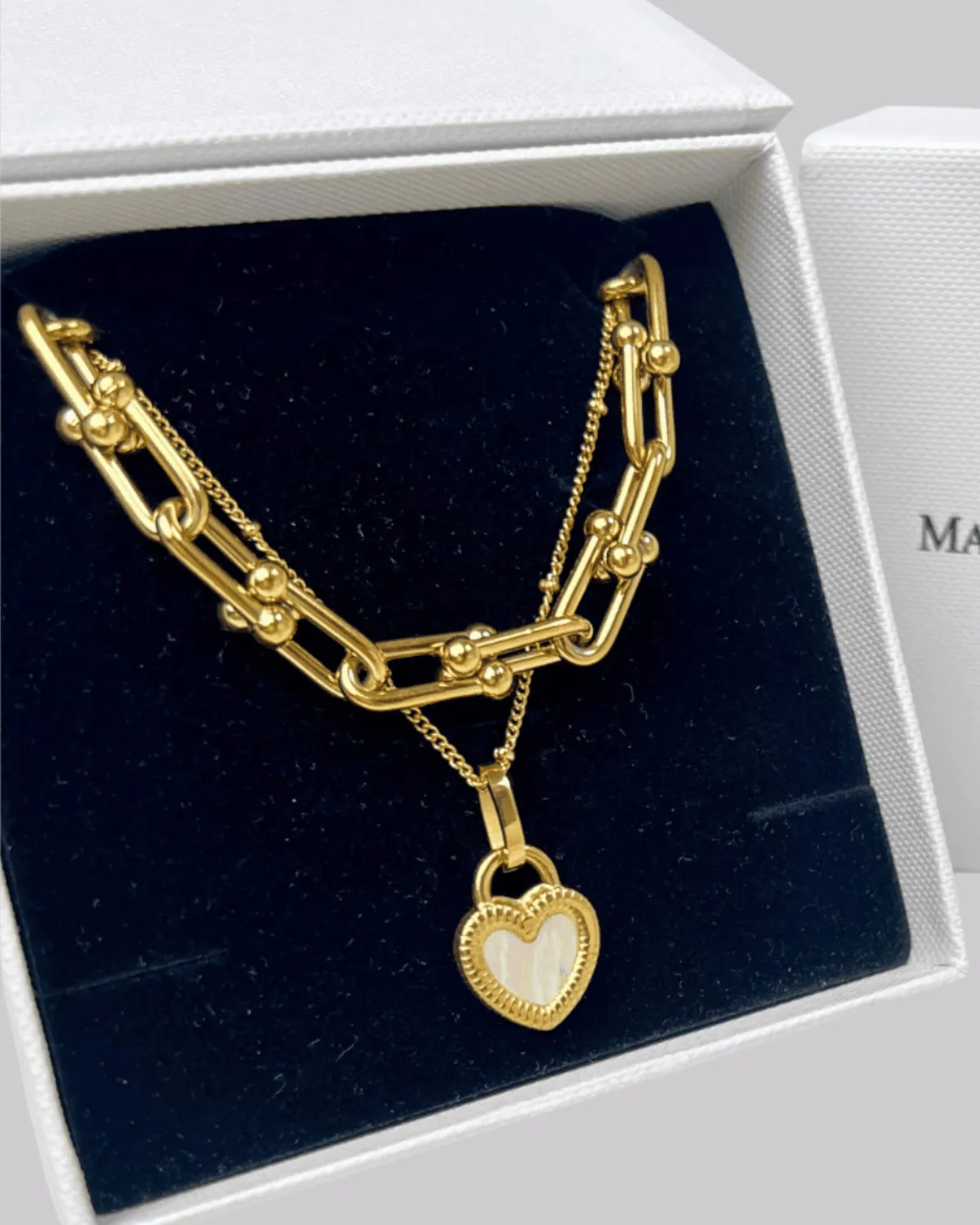18K Gold Link Chain + Heart Pearl Pendant Necklace Stack Bundle