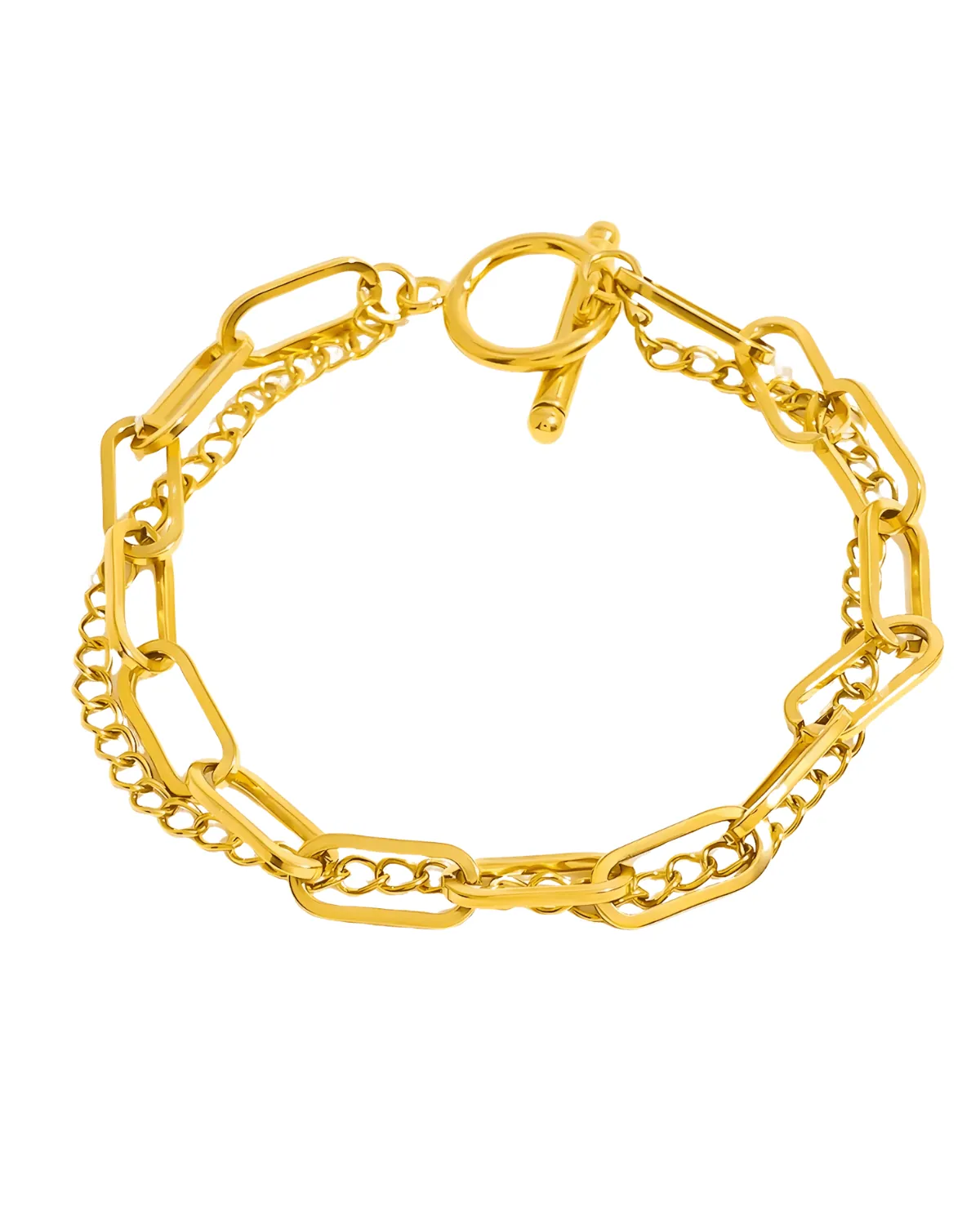 18K Gold PaperClip Link Chain Bracelet - Double Layered
