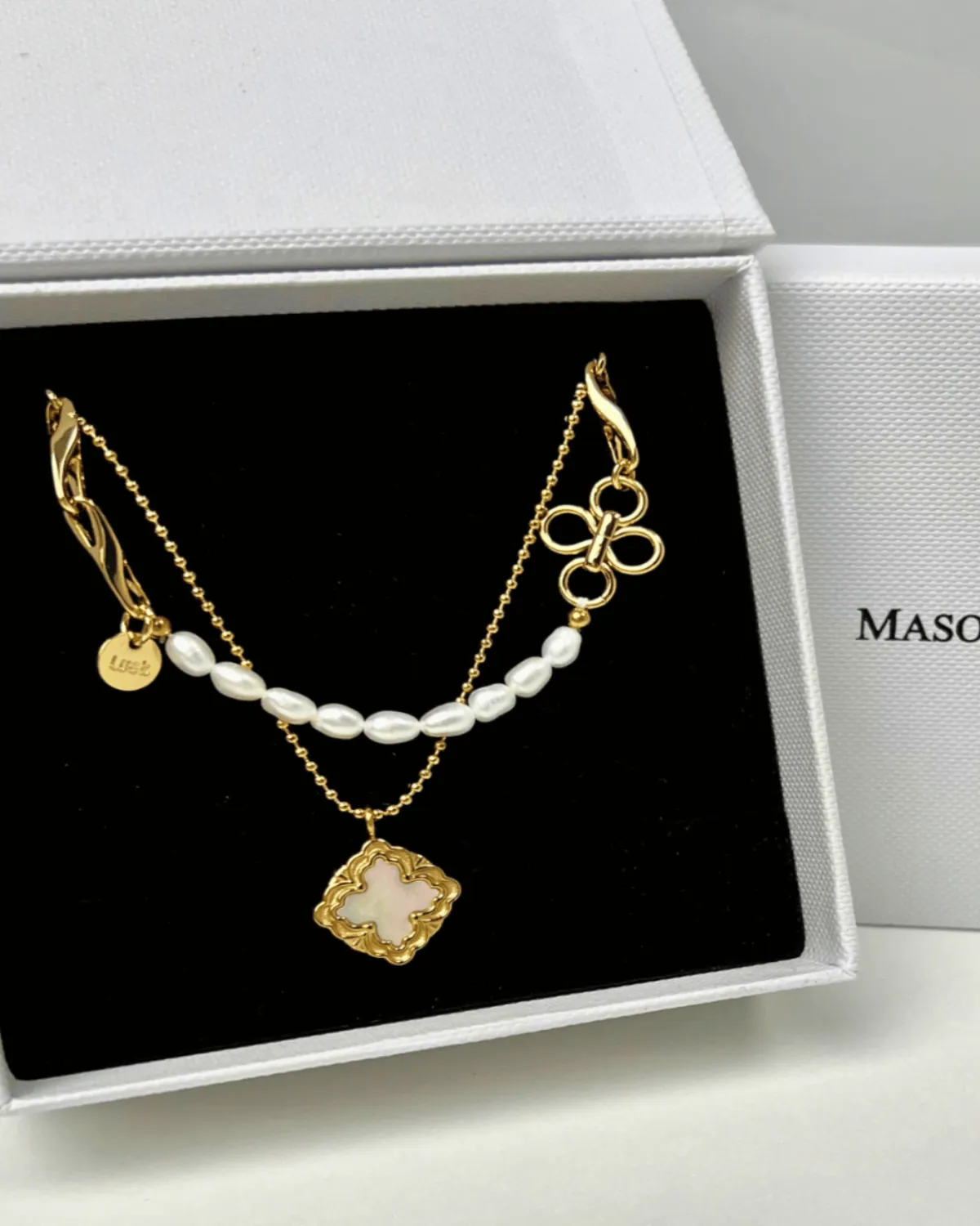 18K Gold Pearl Chain + Shell Pendant Necklace Stack Bundle