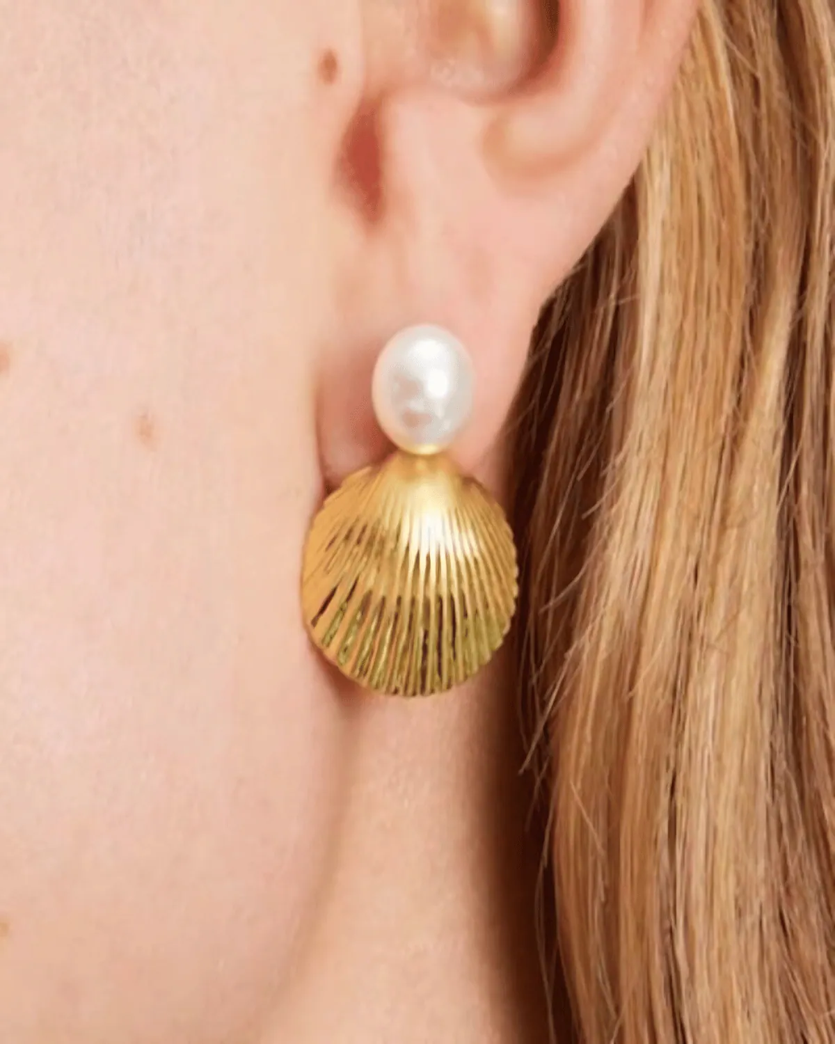 18K Gold Shell Stud Earrings with Pearl