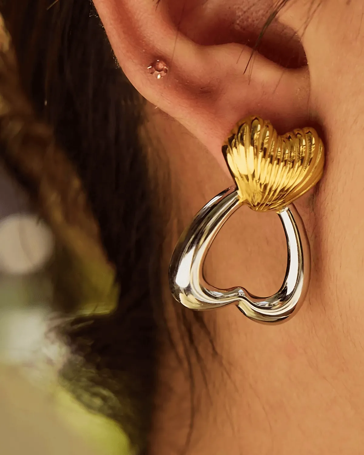 18K Gold Silver Two-Tone Heart Stud Earrings