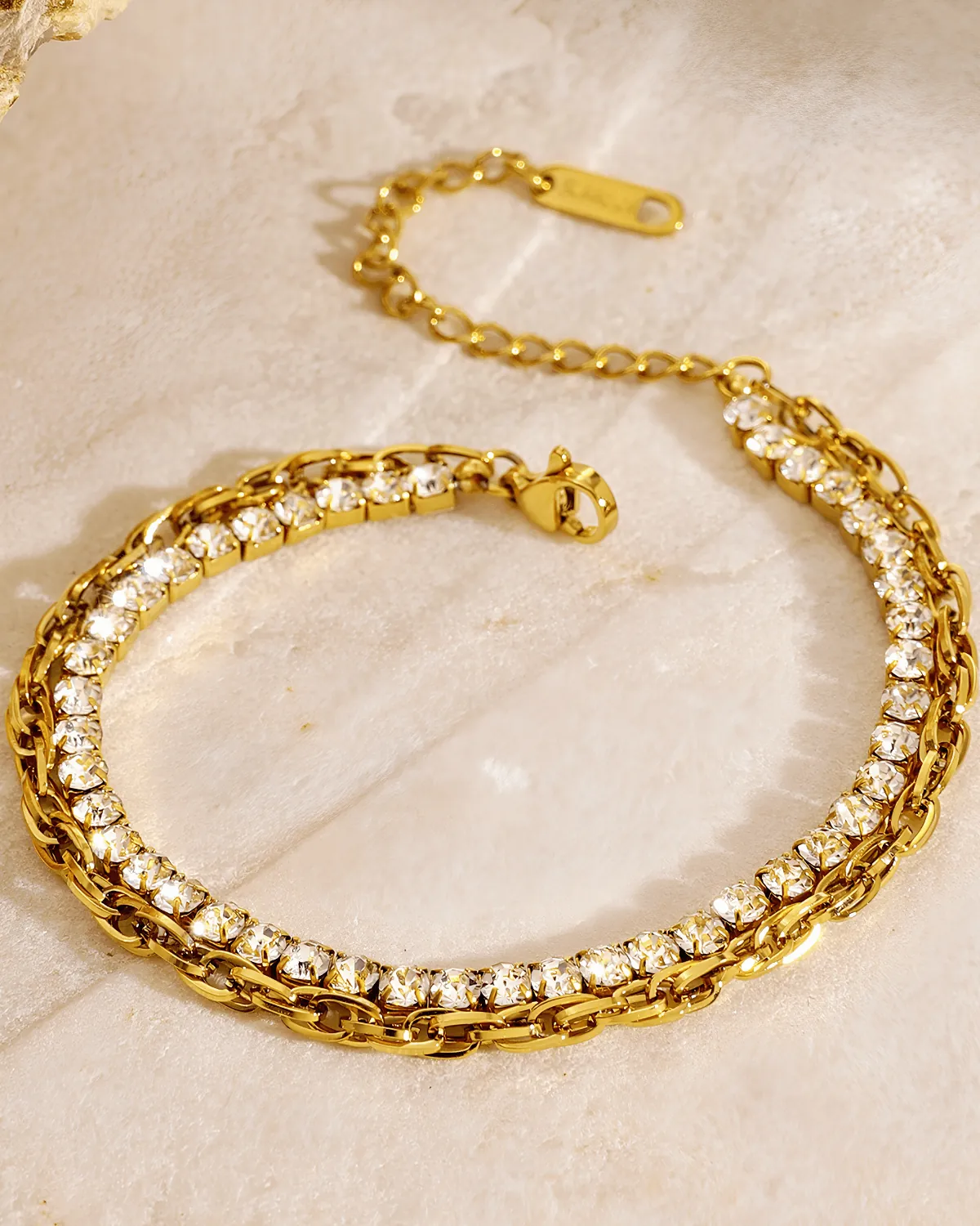 18K Gold Tennis Diamond Double Layered Chain Bracelet