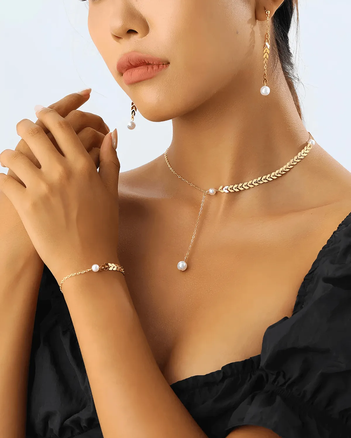 18K Gold Wheat Chain Pearl Necklace Bracelet Earrings Bundle Set