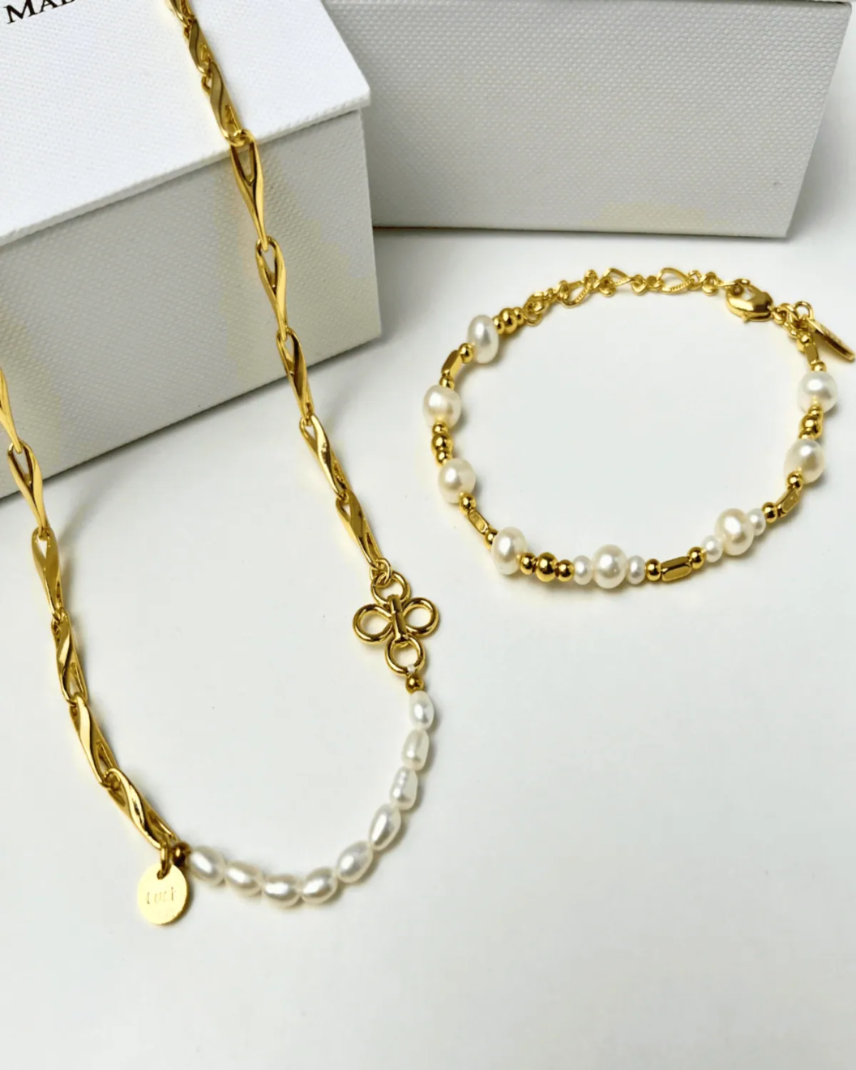 18K Pearl Chain Necklace Bracelet Bundle Set