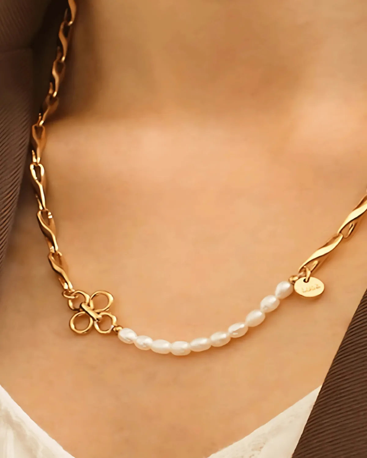 18K Pearl Chain Necklace - Decorative Twist