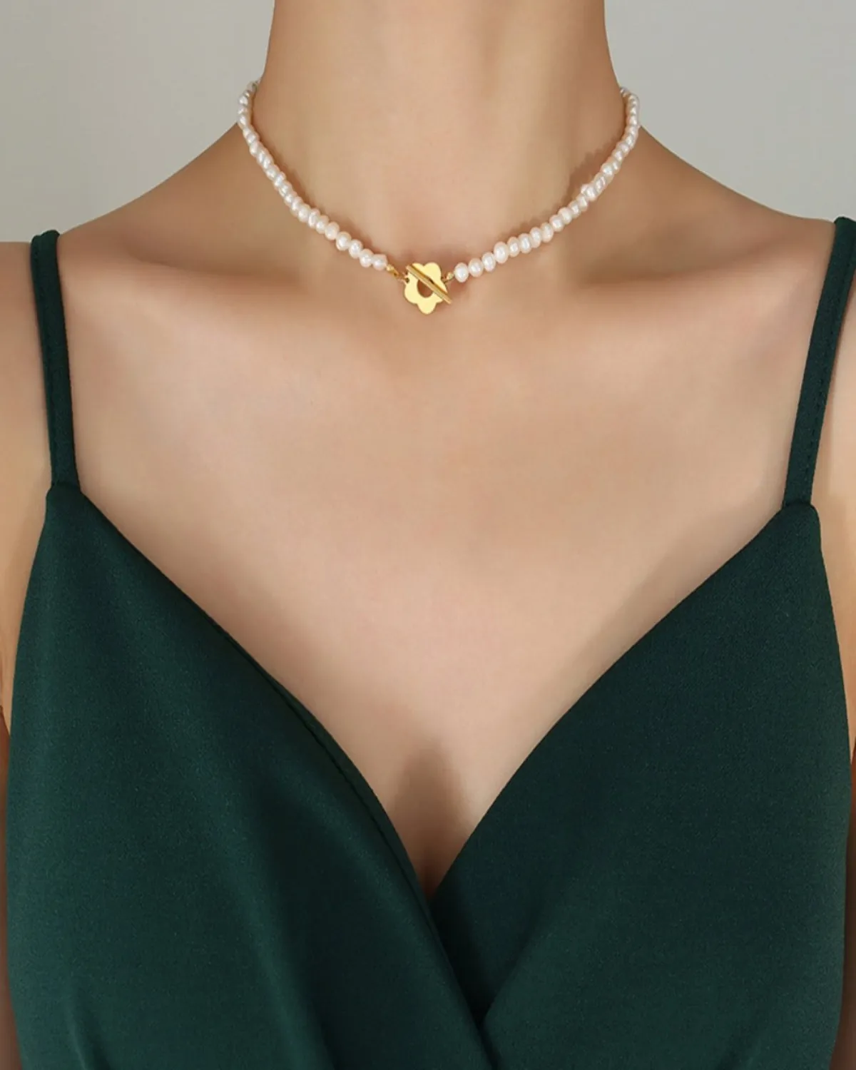18K Pearl Chain Necklace with Flower