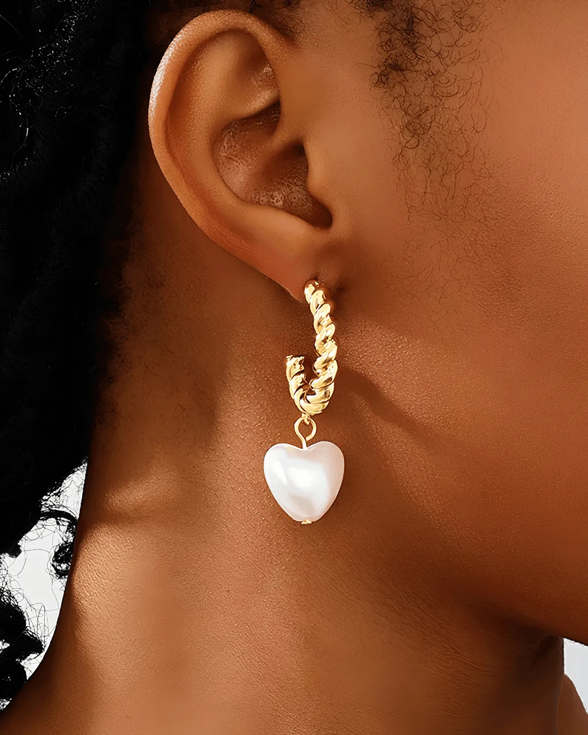 18K Pearl Heart Gold C-Hoop Earrings