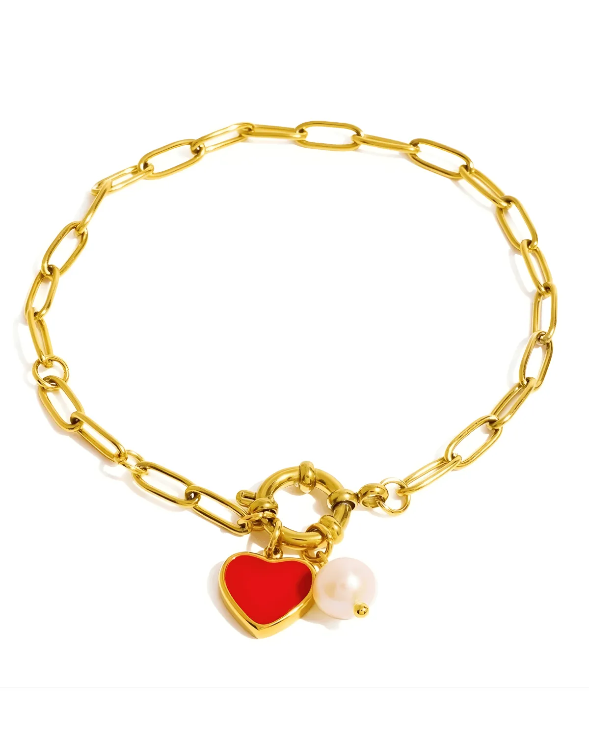 18K Pearl Heart Gold Charm Bracelet