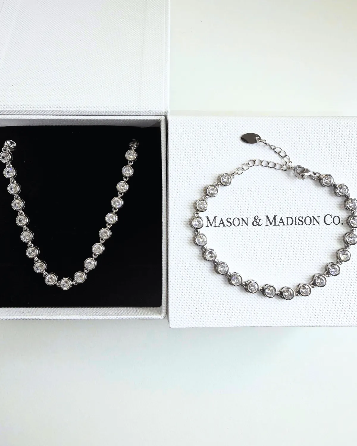 Silver Diamond Tennis Chain Necklace Bracelet Bundle Set