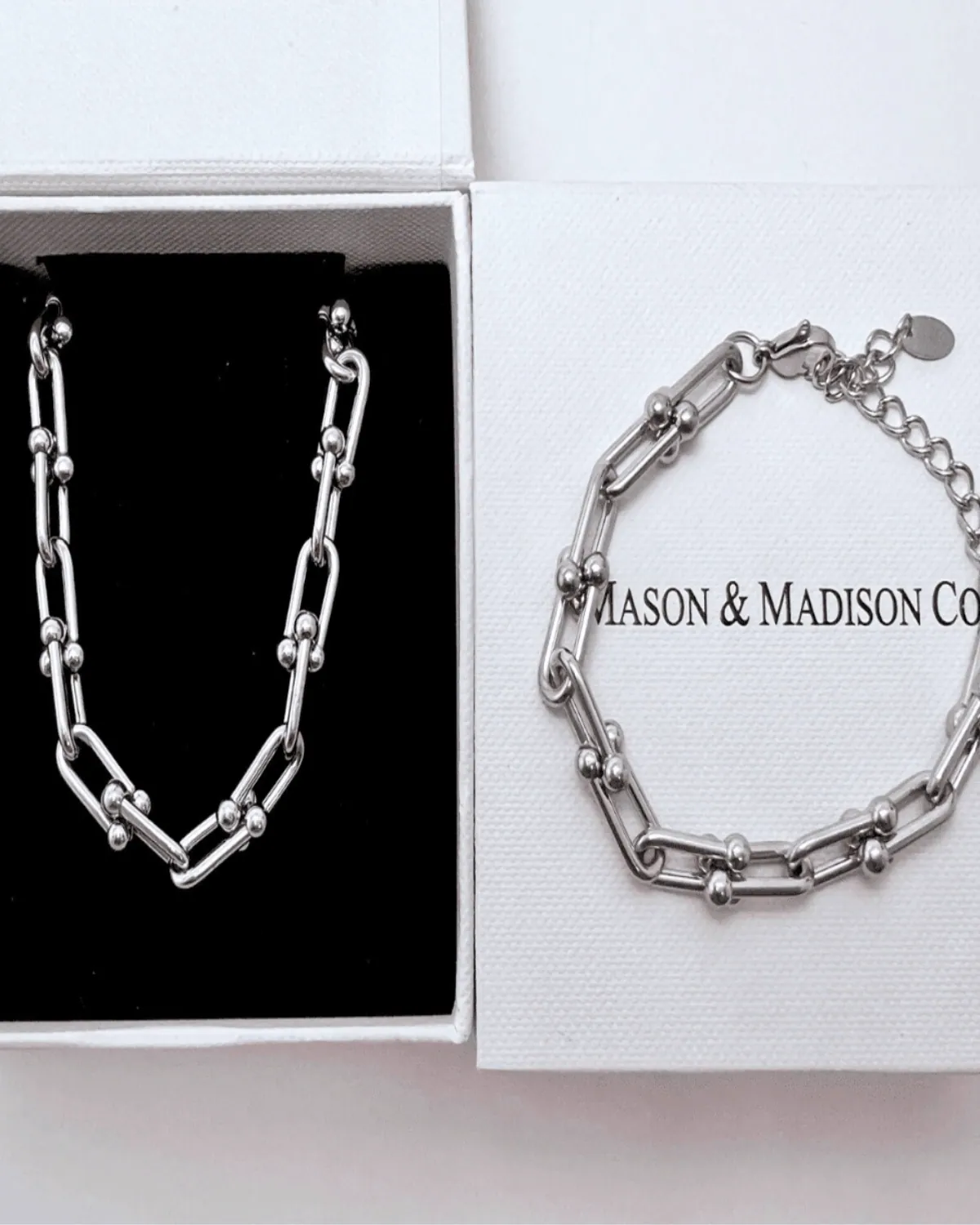 Silver Link Chain Necklace Bracelet Bundle Set